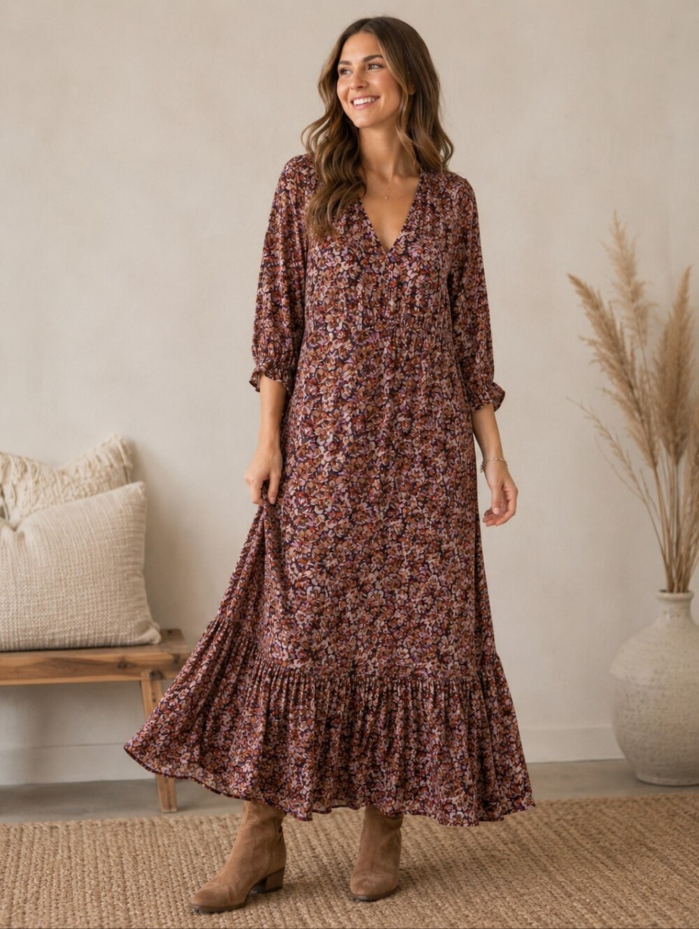 Natural Life Floral Boho Maxi Dress L/XL Rayon Cottagecore Fall Midi Maxi - Picture 1 of 5
